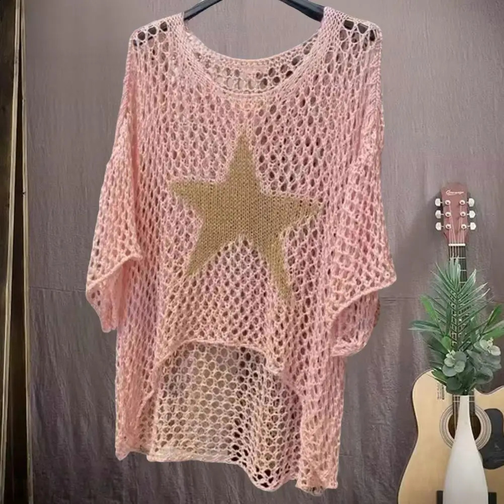 Crochet fishnet shirt fashionable womens crochet top Oneck knitted Vneck sweater summer to attract fashion 240822