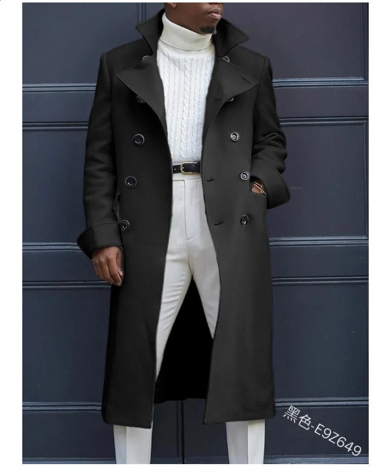 Male Solid White Blue Gray England Style Woolen Overcoat Double-Breasted Long Trench Coat Casual Winter Men Fashion Warm Jackets 240822