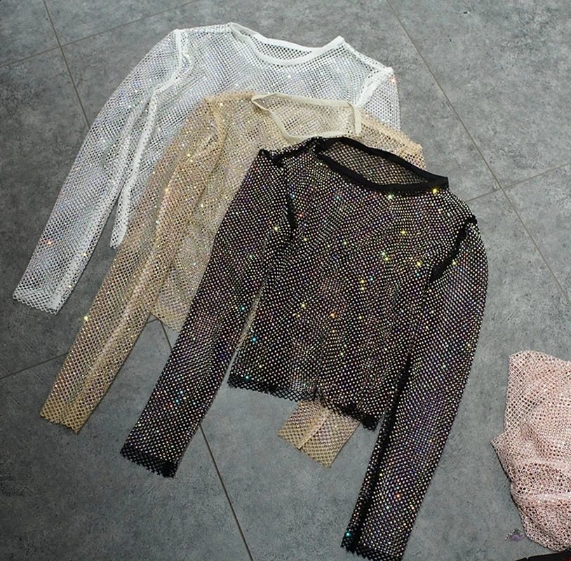 Womens Warm Rhinestone Round Neck Long Sleeve Bright Color Summer Starlight Hollow Shining Bottom Shirt Top Trend for Women 240822