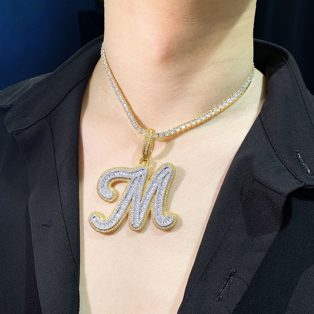 Hip Hop Custom A-Z Cursive Letters Pendant Necklace 5A T Zircon 18k Real Gold Plated Mens Jewelry