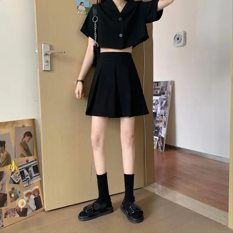 Summer Korean Fashion Suit Women Set College Style Black Short-sleeved Short Paragraph Top Skirt Two-piece Set Matching Sets 240823
