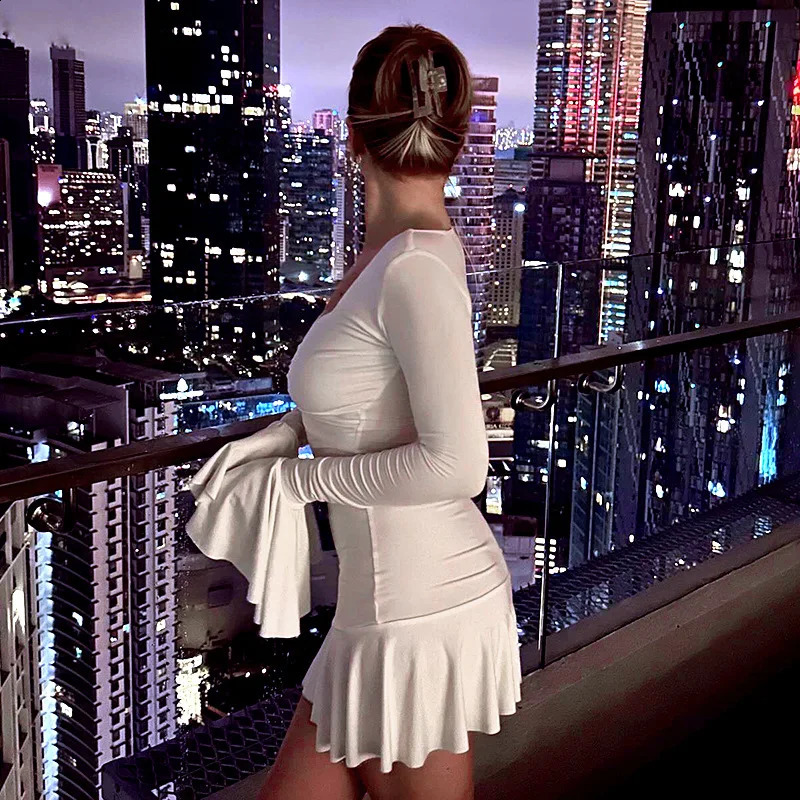 Women White Long Sleeve Ruffles Mini Dress Sexy Bodycon Deep V-neck Solid Short Dress Female Party Club Vestidos Fashion Autumn 240823