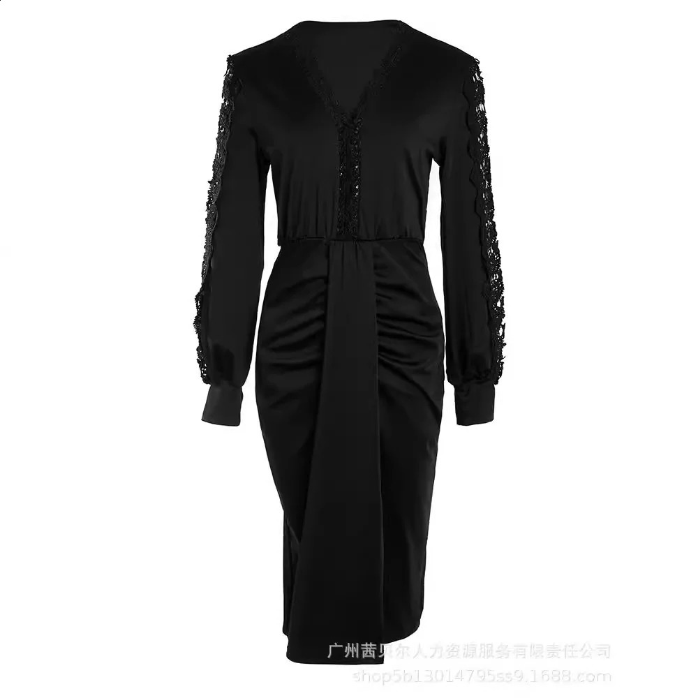 Women Slim Long Sleeve Fashion Lace Stitching Dress High Waist V neck Knee Length Sexy Dress Black Summer 240823