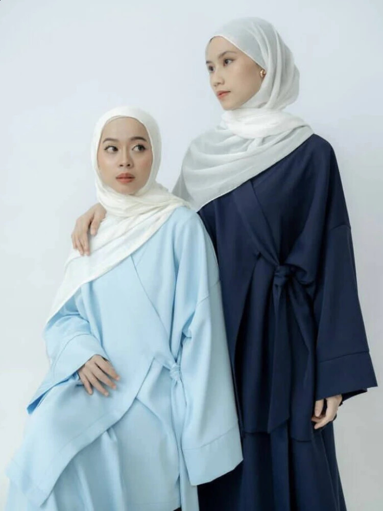 Eid Muslim Women Two Piece Set Kaftan Islam Lace Up Tops Skirt Suits Morocco Ensembles Abaya Turkey Ramadan Modest Outfits 240823