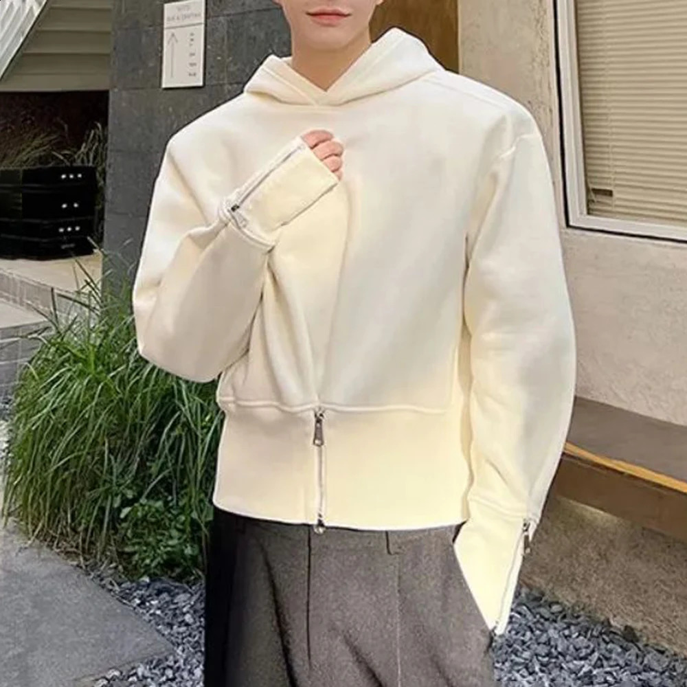 Mens Autumn Korean Y2k Waist Cuff Zipper Slim Waist Short Hooded Sweatshirt Essential Fashion Youth Solid Color Top For Men 240823