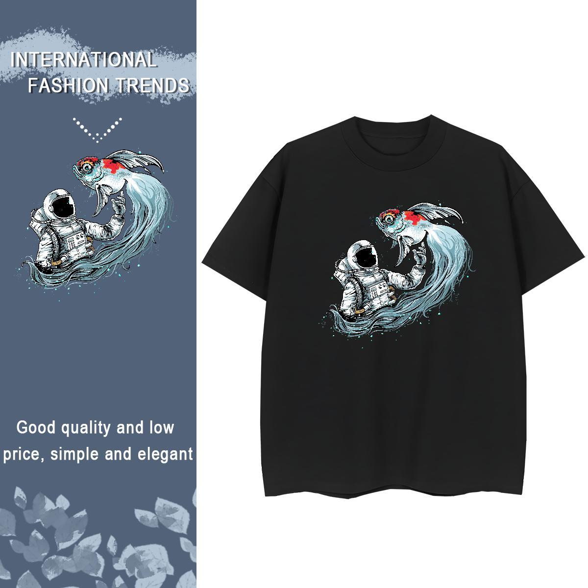 Free Shipping Couples T Shirts 230g Pure Cotton spaceman Casual Sport Womens T Shirts O Neck Short Sleeves Floral Print Tees