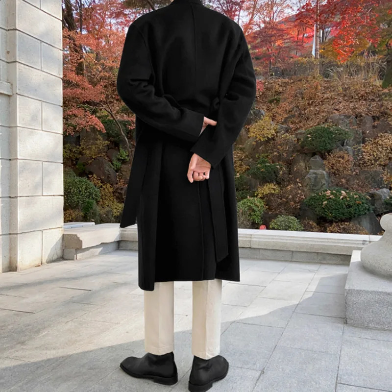 IEFB Korean Chic Mens Thickned Woolen Cloth Coat Casual Loose Bleted Double Breasted Jackets Loose fit Overcoat 240822