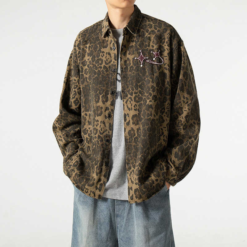 Trendy and Personalized Washed Denim Leopard Print Jacket for Men Spring and Autumn New Item Niche Workwear Jacket Outerwear
