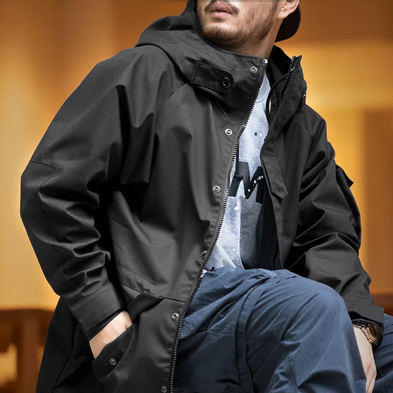 Maden Outdoor Sports Hooded Jacket for Men Motorcycle Black Windbreaker Korean Fashion Trench Coat Casual Long Jackets Outwear 240822