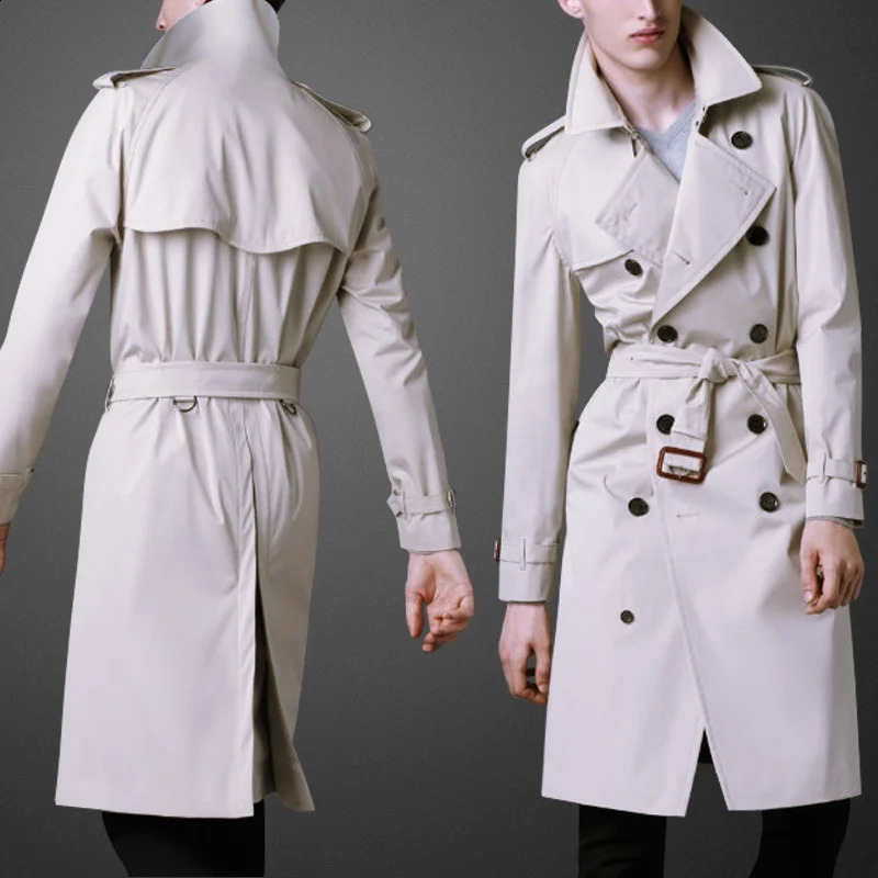 Double Breasted Classic Extended Mens Windbreaker Coat Belt British Style Windcheater Brown Business Casual X-long Jacket Men 240822