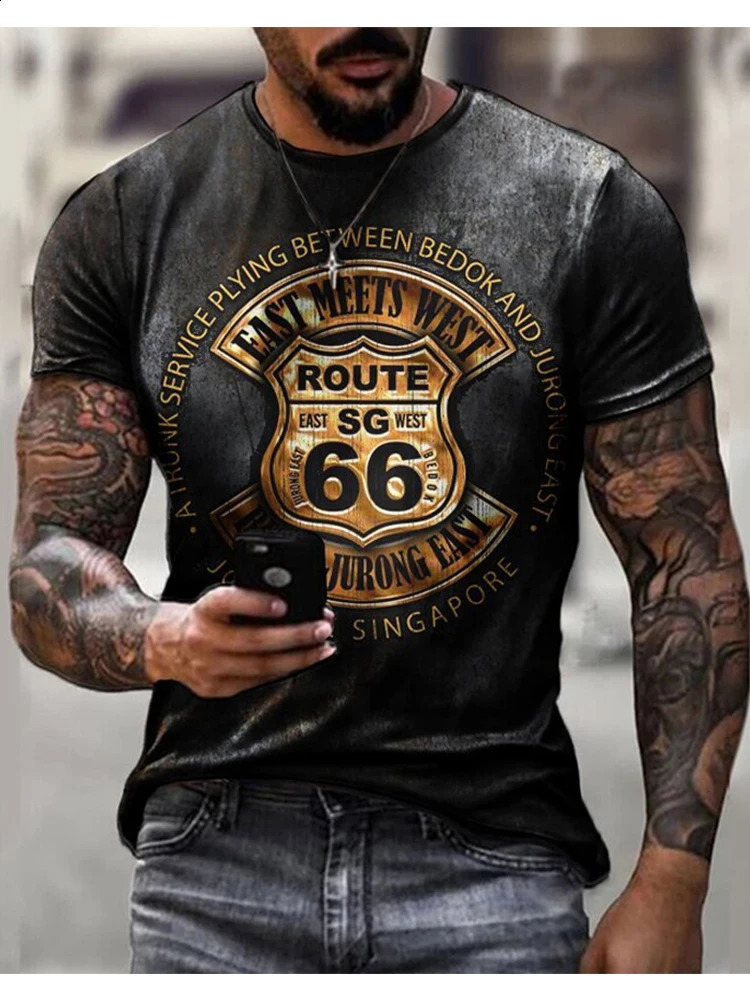 Summer Mens Tshirt Route 666 3D Printed Short Sleeve Fashion Extra Large Loose Top Oneck Casual Retro Wear 240822