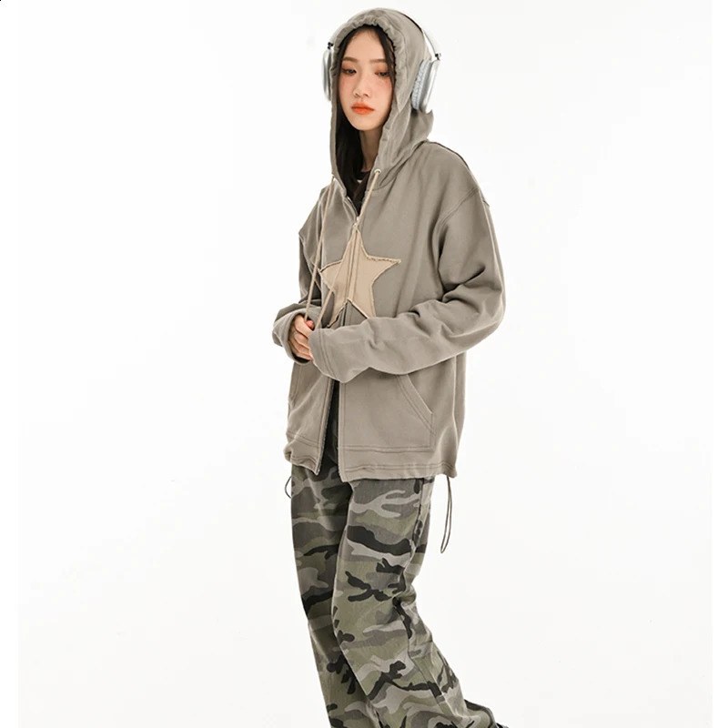 Womens Sweatshirt Y2k Hip Hop Zip up Hoodie Star Patch Cotton Mens Loose Tops Harajuku Punk Gothic Clothes Grunge Casual 240823