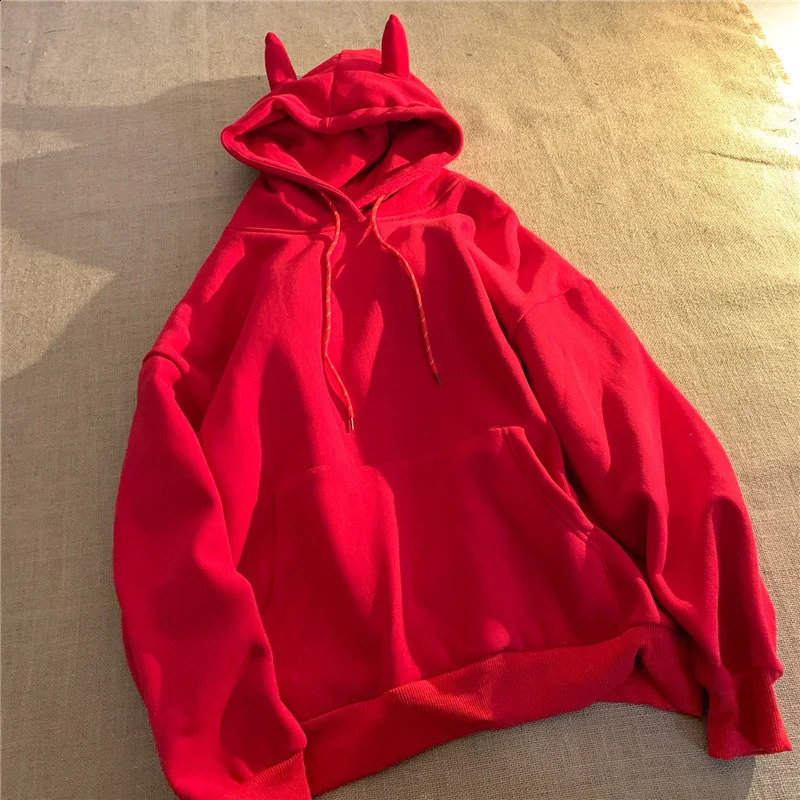 Autumn Winter Women Devil Horns Gothic Hooded Sweatshirts Harajuku Back Stand Bat Wings Hoodies Halloween Party Unisex Clothes 240822