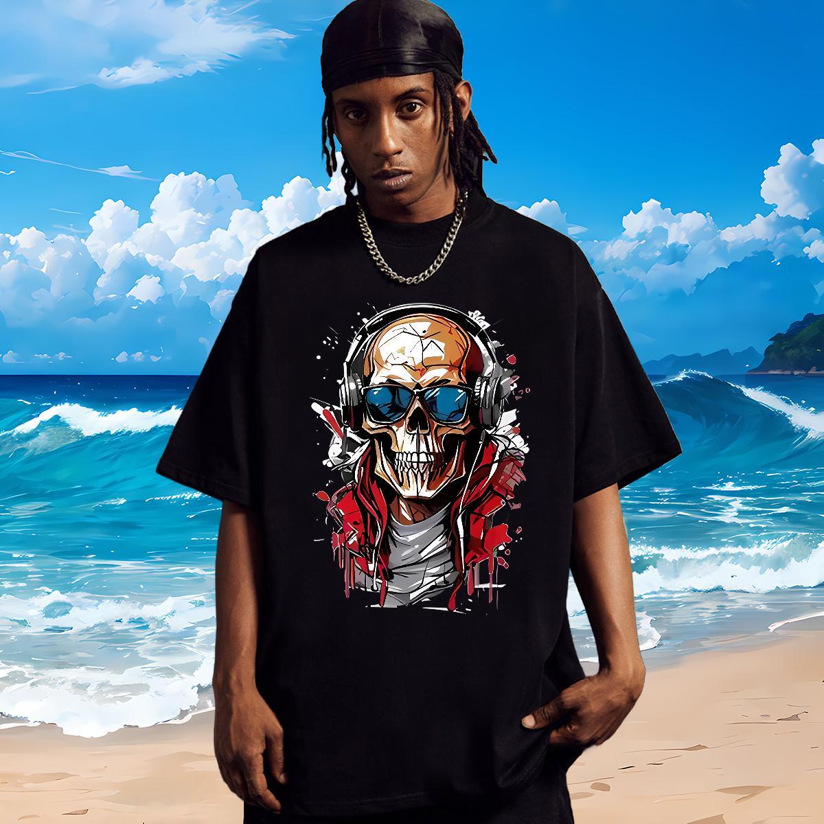 Soft T Shirts Men 230g Pure Cotton skull Sports Casual Cartoon Print Crew Neck Men Tees Factory Direct Tees Shirts