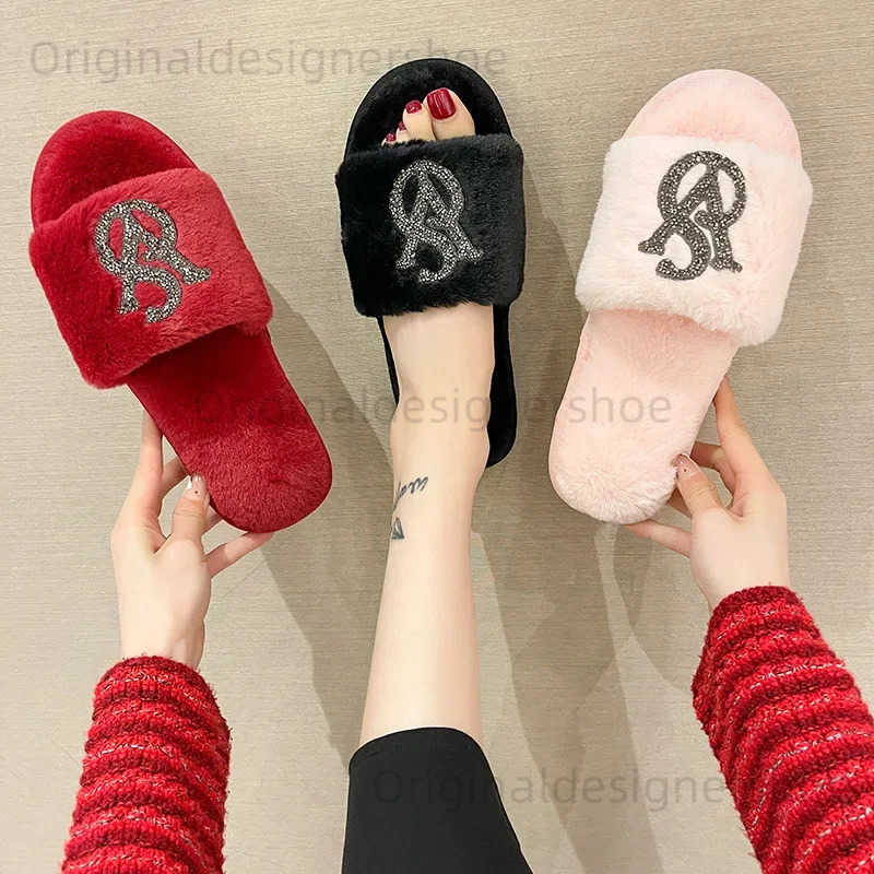 Slippers Fluffy slider womens home fashion designer shoes womens popular leisure platform indoor fur slider girls apartment open style elegant toes T240823