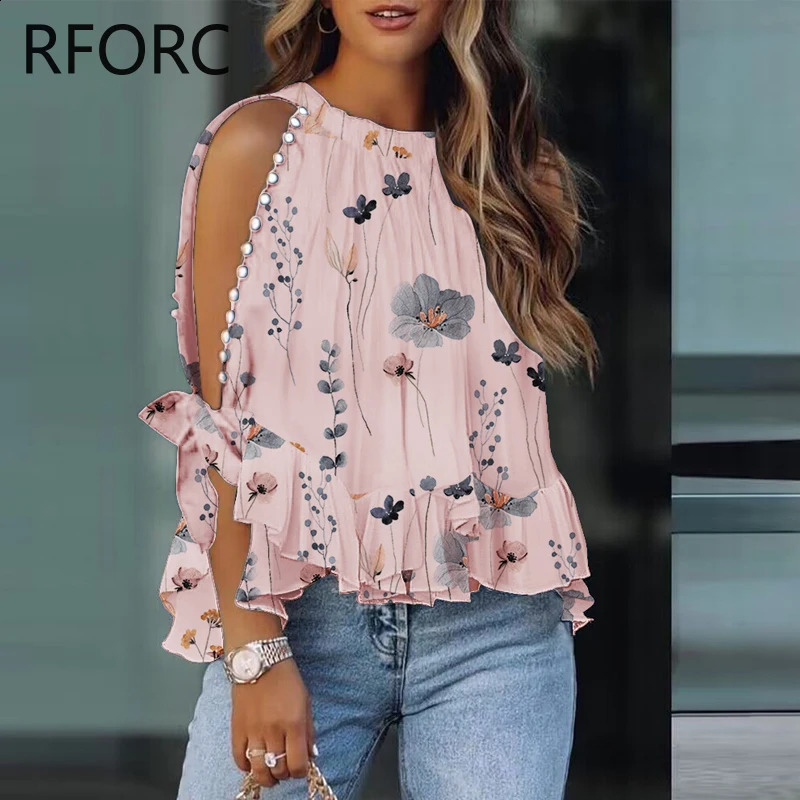 Womens pleated hem long sleeved round neck Allover printed rhinestone decorative sleeves vacation shirt top 240822