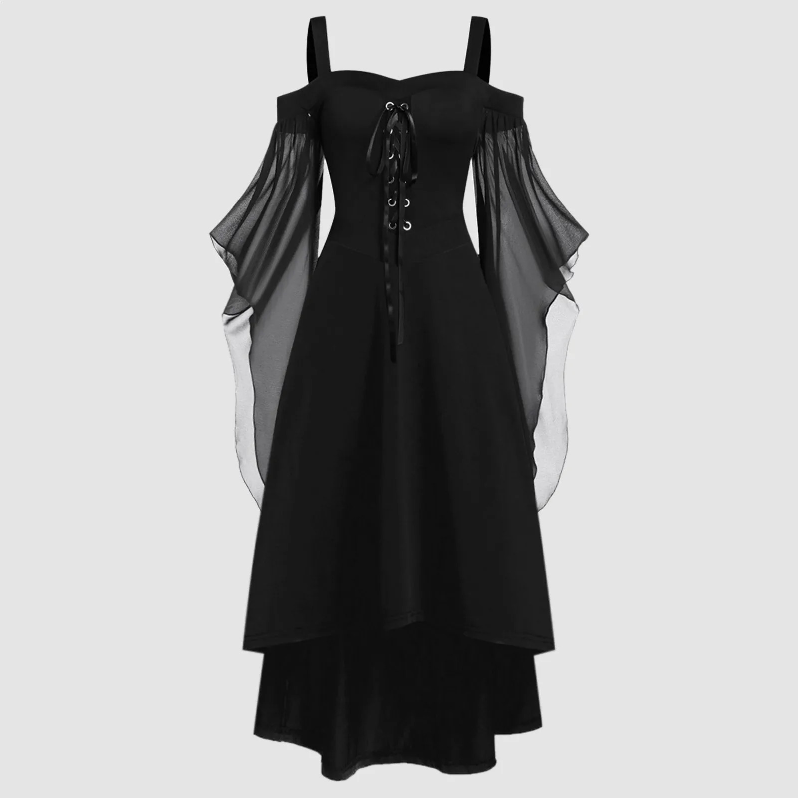 Retro Gothic Dress Witch Halloween Costume Lace Strap Collar Long Horn Sleeves Womens Role Playing 240823