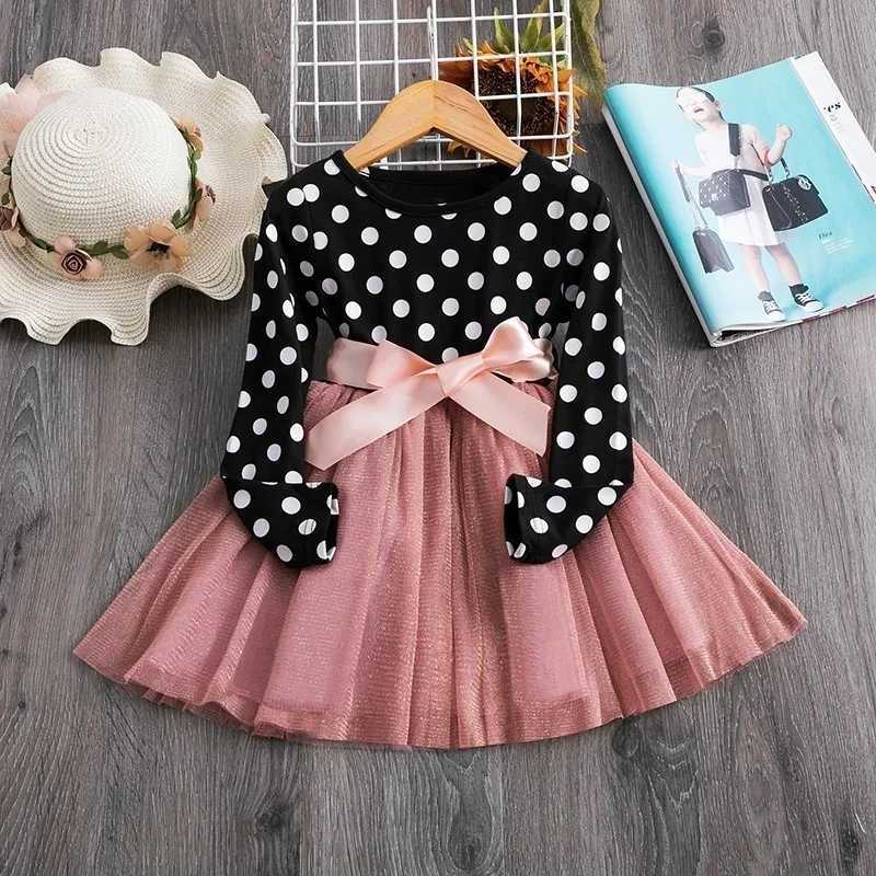 Polka polka dot long sleeved chiffon princess dress 2024 autumn childrens birthday party dress Vestodos childrens casual clothing W240823