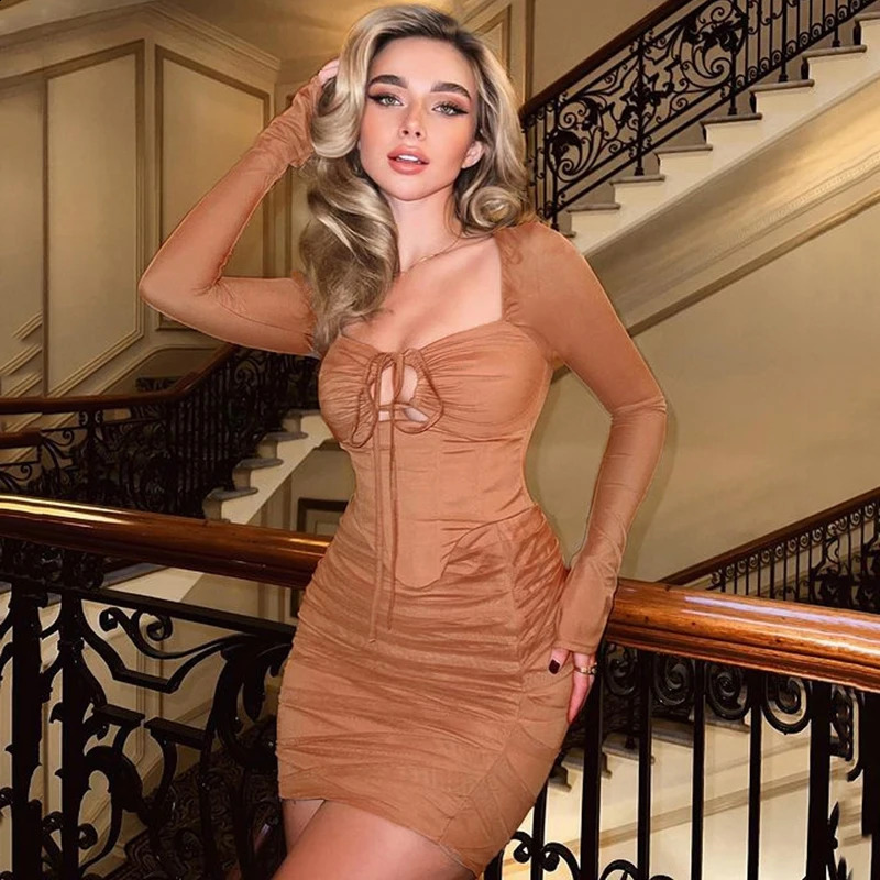Female Elegant Double Layers Mesh Sexy Dress Women Bandage Long Sleeve Bodycon Midi Dresses Solid Elegant Party Clubwear Female 240823