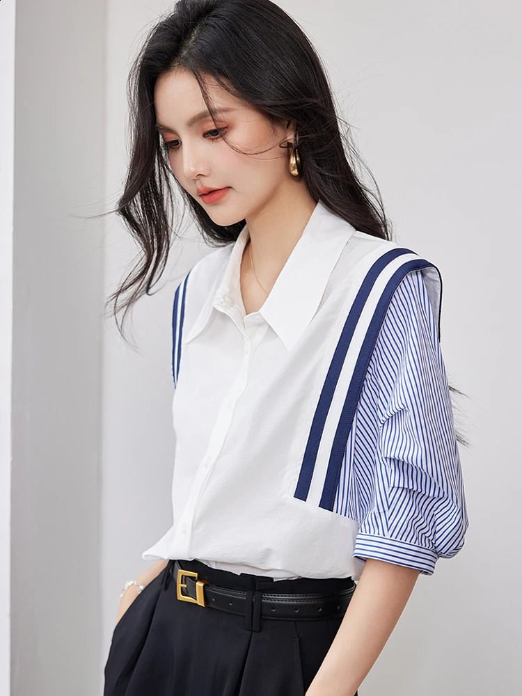 French elegant office womens shirt spring striped contrasting color long sleeved temperature ultrathin top 240822