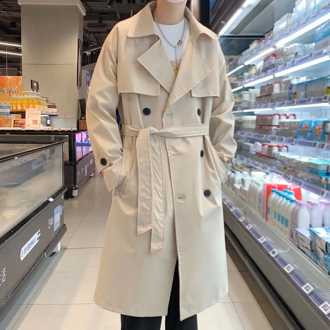 Mens Long Casual Trench Coat Solid Color Double-Breasted Jacket Korean Trend Classic Casual Loose British Cape B35 240822