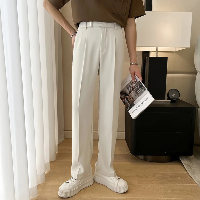 Men Korean Fashion Commuting Daily Loose Casual Vintage Classical Belt Wide Leg Suit Pants Streetwear Show Trousers 240822