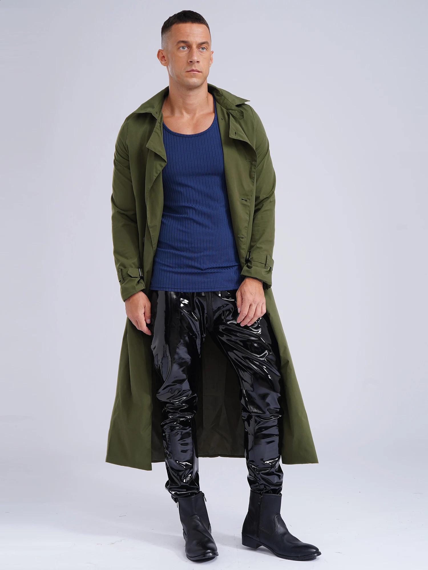 men Motorcycle long jacket double-breasted trench coat Outerwear daily casual wear Long Sleeve Jacket Overcoat with Belt 240822