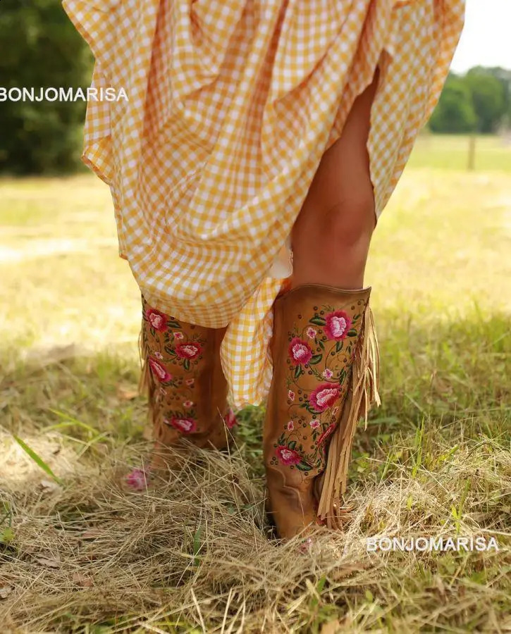 BONJOMARISA womens denim boots with embroidered floral edges sweet Western denim boots Roman block high heels autumn 240823