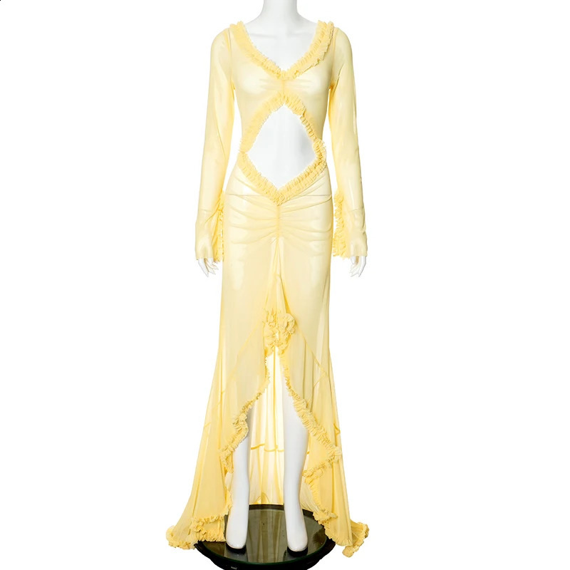 Womens doll Lingerie Mesh Sheer Long Dress Sexy See-Through Long Sleeve Frill Trim V Neck Cutout Long Gown Beach Vestido 240823