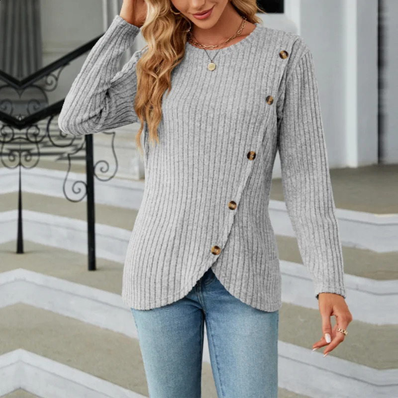 Womens clothing autumn and winter fashion patchwork button round neck long sleeved solid color zipper sweater w240824
