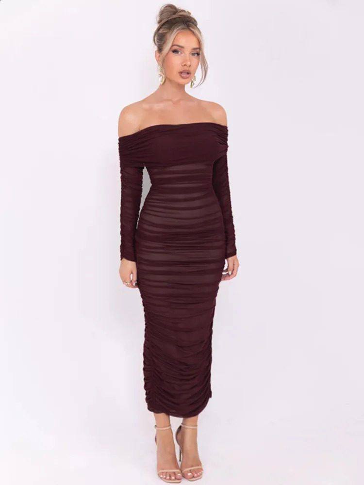 Mozision Off-shoulder Long Sleeve Sexy Maxi Dress For Women Autumn Strapless Backless Bodycon Ruched Party Long Dress 240823