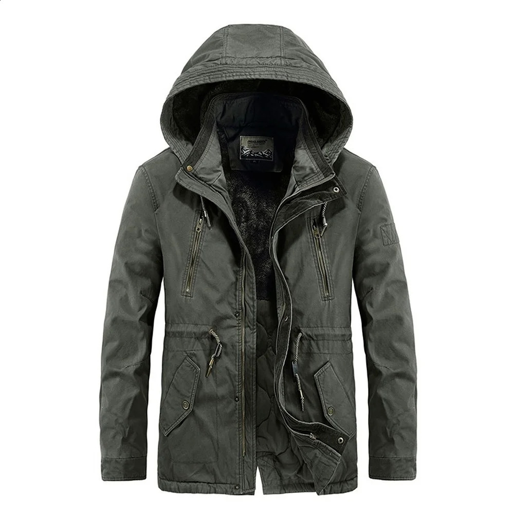 Mens outdoor jacket with detachable hood Casaul autumn and winter military mens hooded Parka wool lining thickened warm 240822