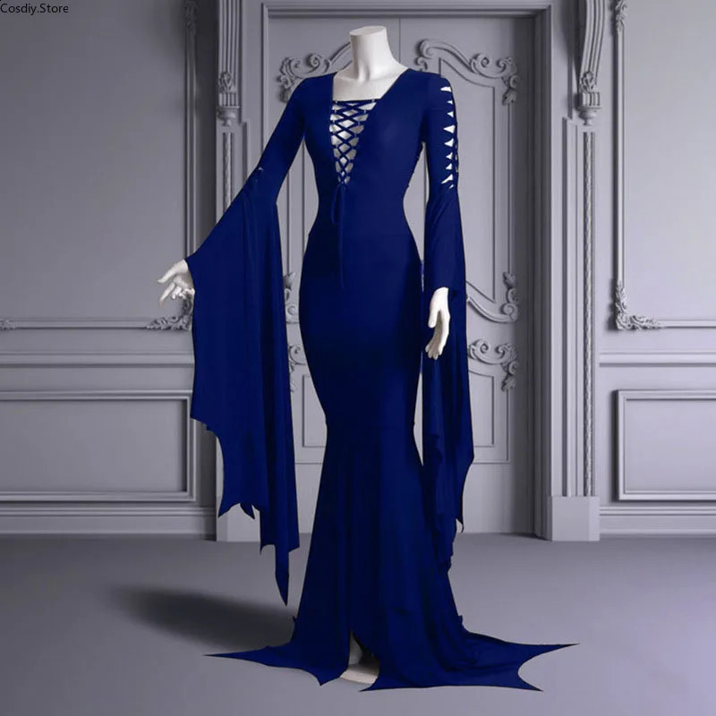 S-5XL sexy witch ghost Halloween costume Morticia Addam Gothic Maxi dress pagan elf black lace womens dress 240823