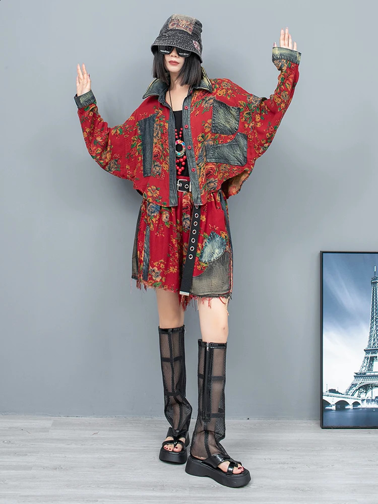Summer Large Flower Patchwork Denim Lapel Long Sleeved Jacket Shorts Two-piece Set Women Short Sets LX329 240823