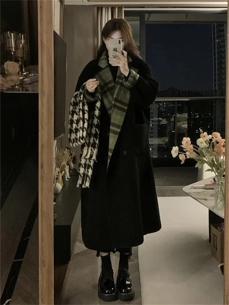 Retro Loose Simple Slim Plaid Medium Long Coat Womens Winter Thickened Loose Double Wear Long Sleeve Woolen Coat 240822