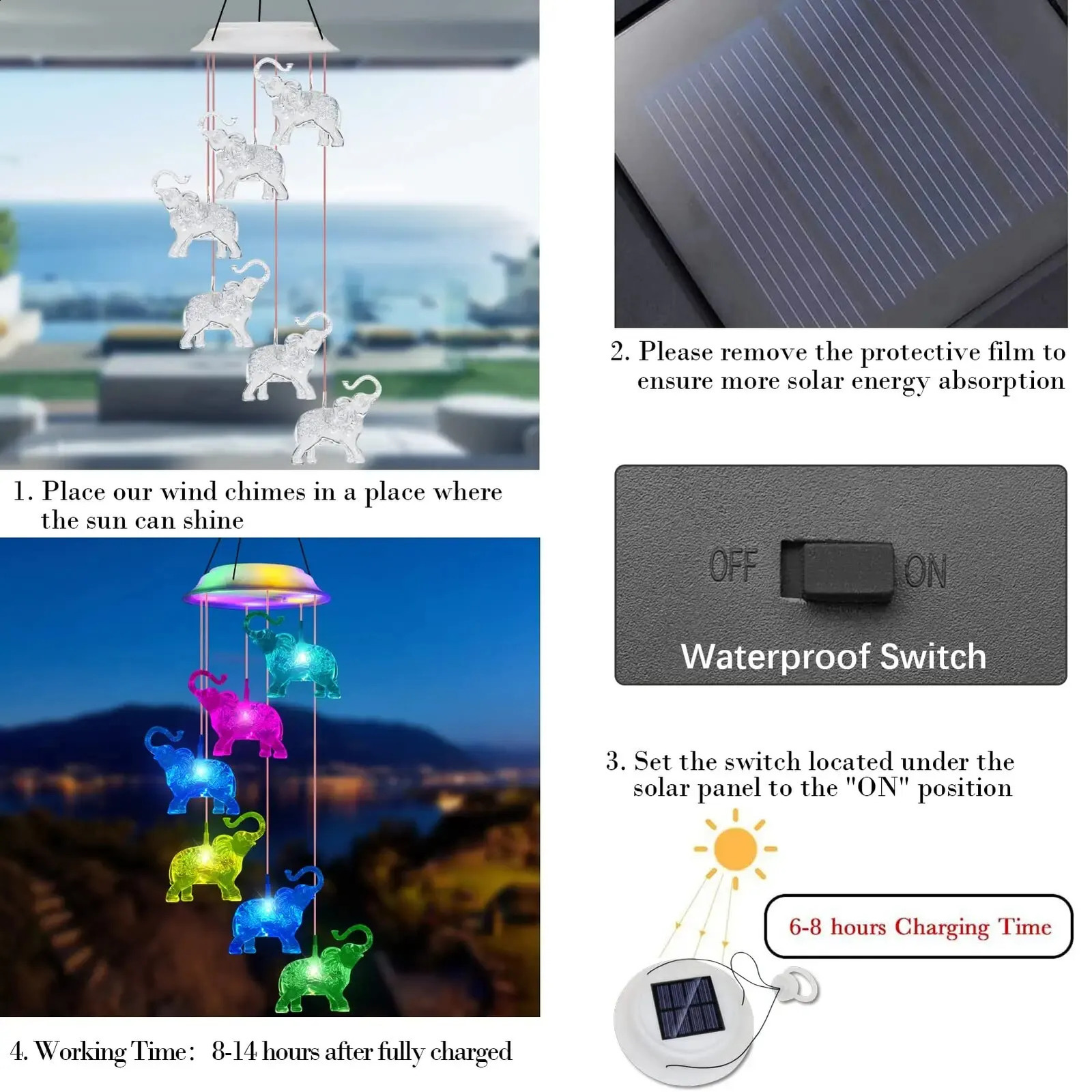 Outdoor Solar Waterproof LED Elephant Wind Chimes Home Gifts for Decorating Gardens Courtyards and Lawns 240822