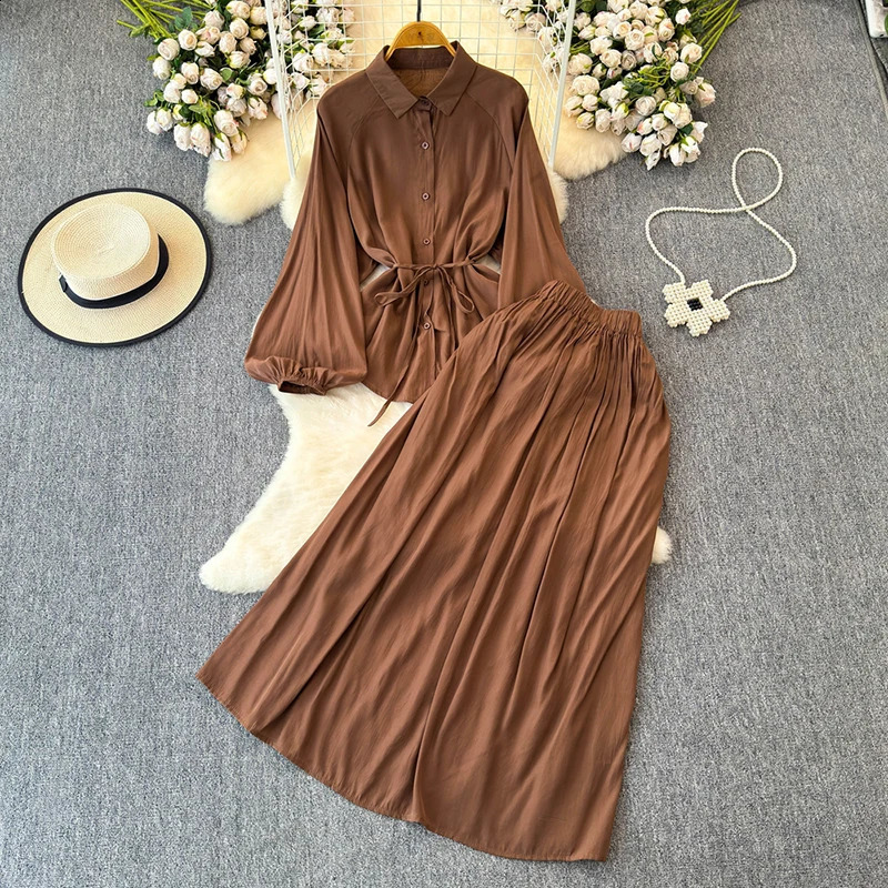 EWQ Casual Solid Color 2 Piece Sets For Women Lapel Collar Belt Gathered Waist Top Loose Long Simplicity Skirt 27X181 240823
