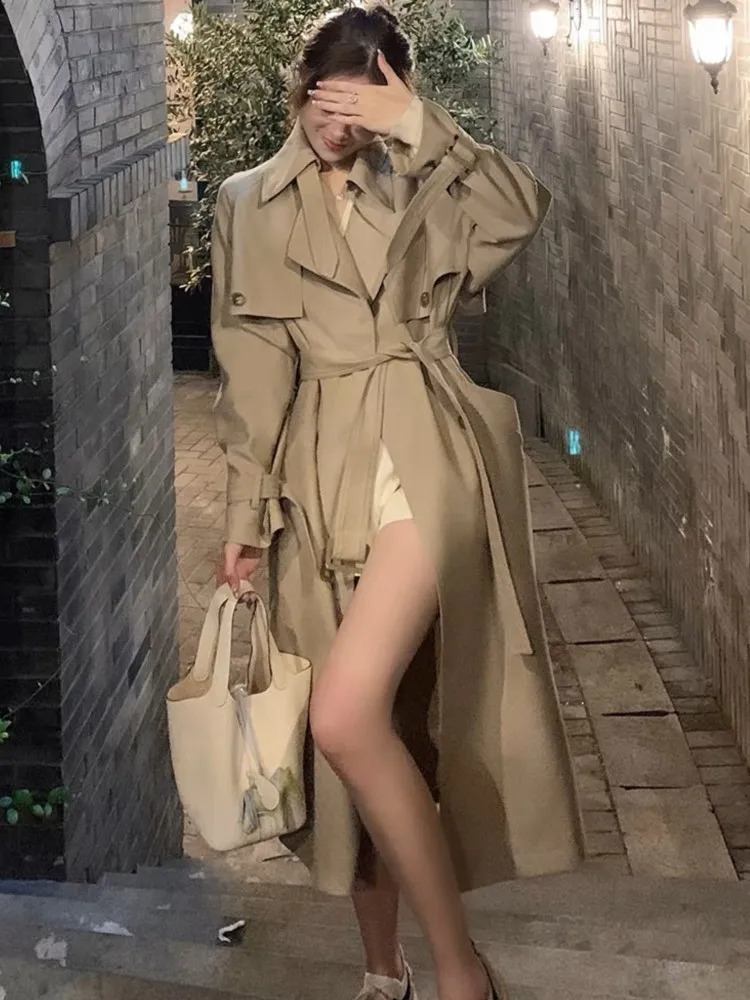 Autumn Winter Khaki Long Trench Coat for Women Jacket Elegant Outerwear Turn-down Collar Tie Belt Korean Chic Windbreaker 240822