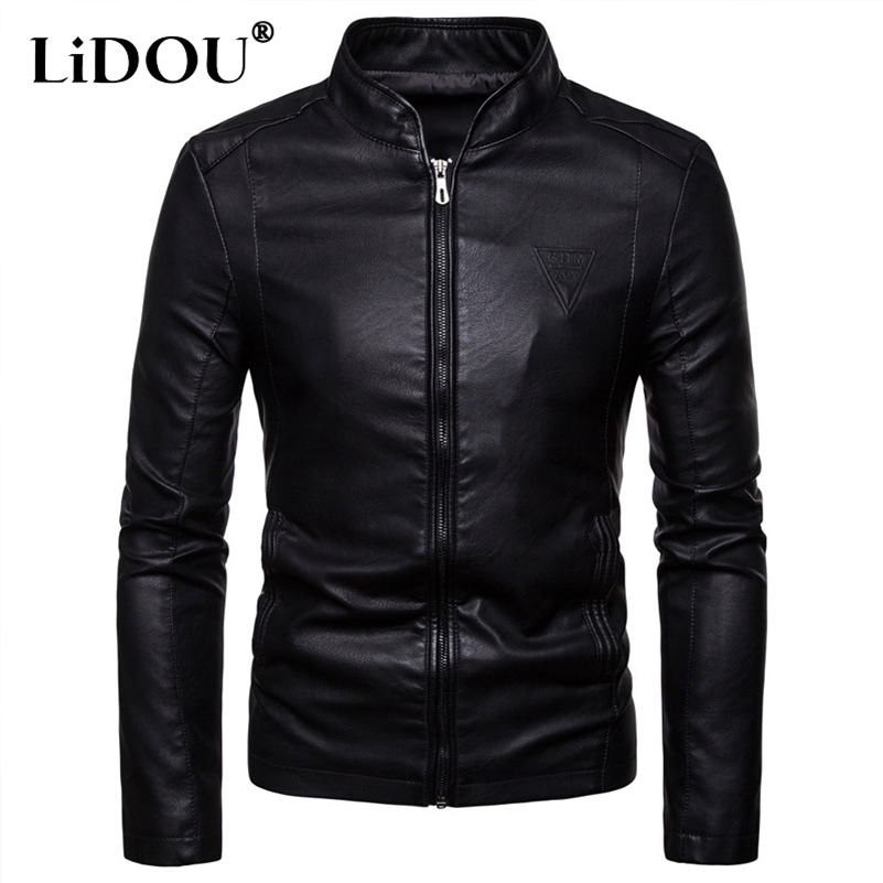 Autumn Winter Solid Color Fashion Long Sleeve Faux Leather Man High Street Round Neck Zipper Pockets All-match Coat 240822