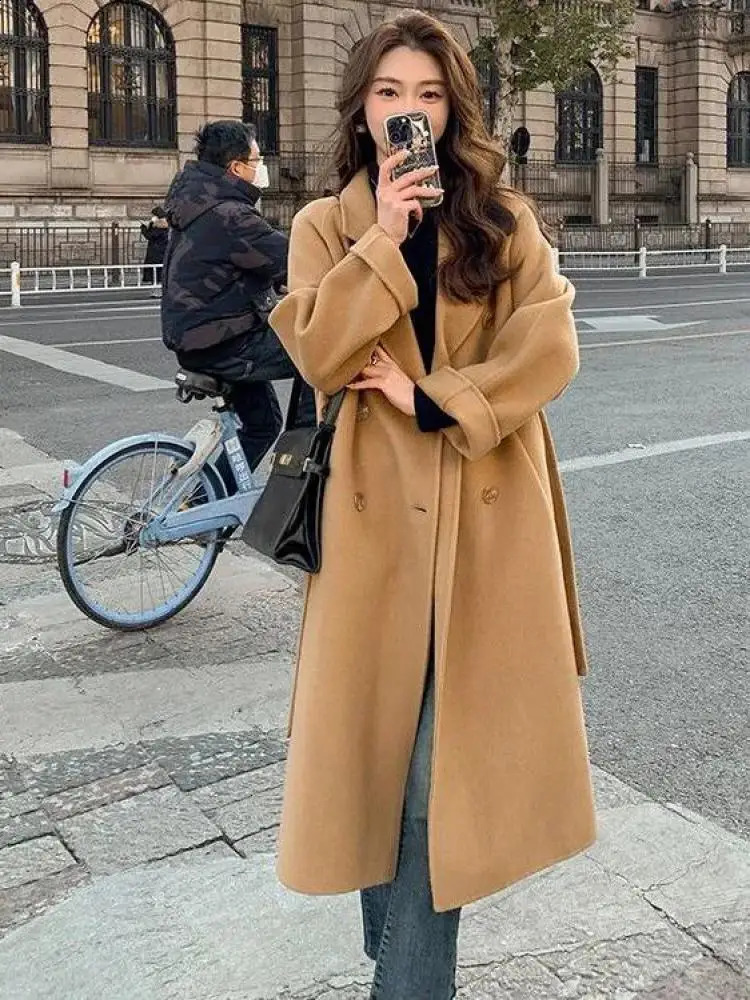 Women Solid Lace Up Long Woolen Coat Korean Loose Fashion Double-breasted Lapel Female Autumn Winter Warm Lady Overcoats 240822