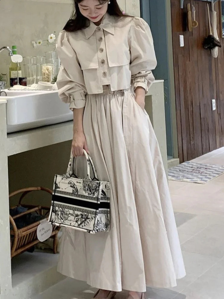 Women Simple Lapel Bubble Sleeve Shirthigh Waist Pleated Skirt Two-piece Suit Spring Summer Fashion Set M981 240823