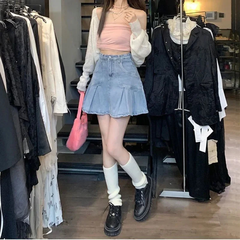 Summer Korean Style Preppy Sweetpuff Sleeveless Top High-waisted Denim Skirt 2-piece Set For Women 240823