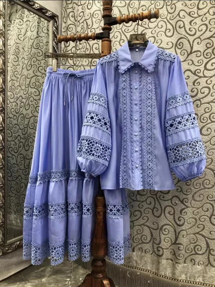 Getspring Women Shirt Skirts Sets Lantern Sleeve Hook Flower Hollow Shirt Tops High Waist Vintage Long Skirts Two-piece Suit 240823