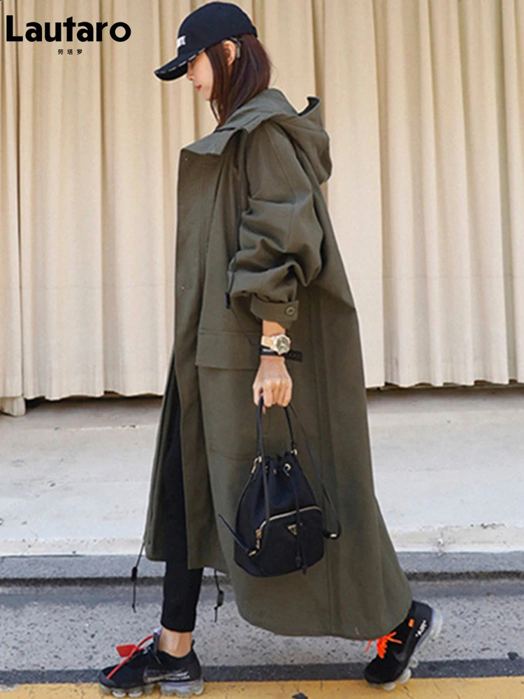 Lautaro Spring Autumn Long ArmyGreen Oversized Waterproof Windbreaker Women Hood Zip Up Casual Loose Bf Varsity Raincoat 240822