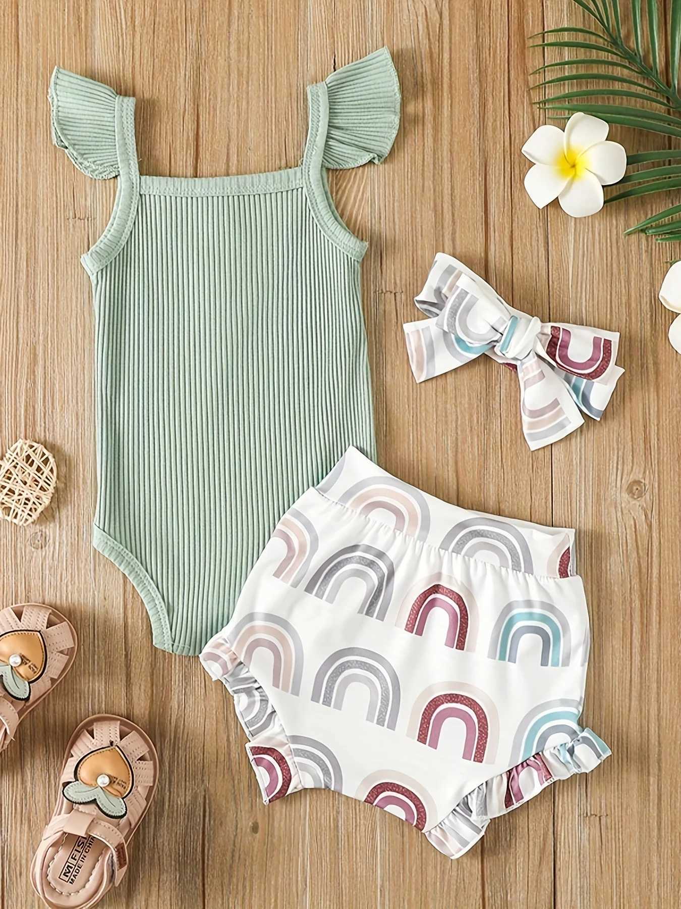 Summer Newborn Baby Girl Clothes Set Sleeveless Bodysuit Printed Shorts 3pcs Clothing Suit Baby Girl Clothes W250218