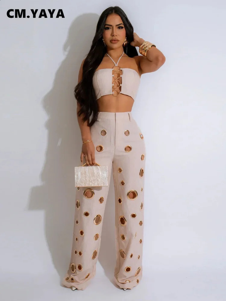 CM.YAYA Women Set Sleeveless Strapless Tops Wide Leg Pants Two 2 Piece Set Hole Hollow Out Outfit Summer Sexy Street Tracksuit 240822