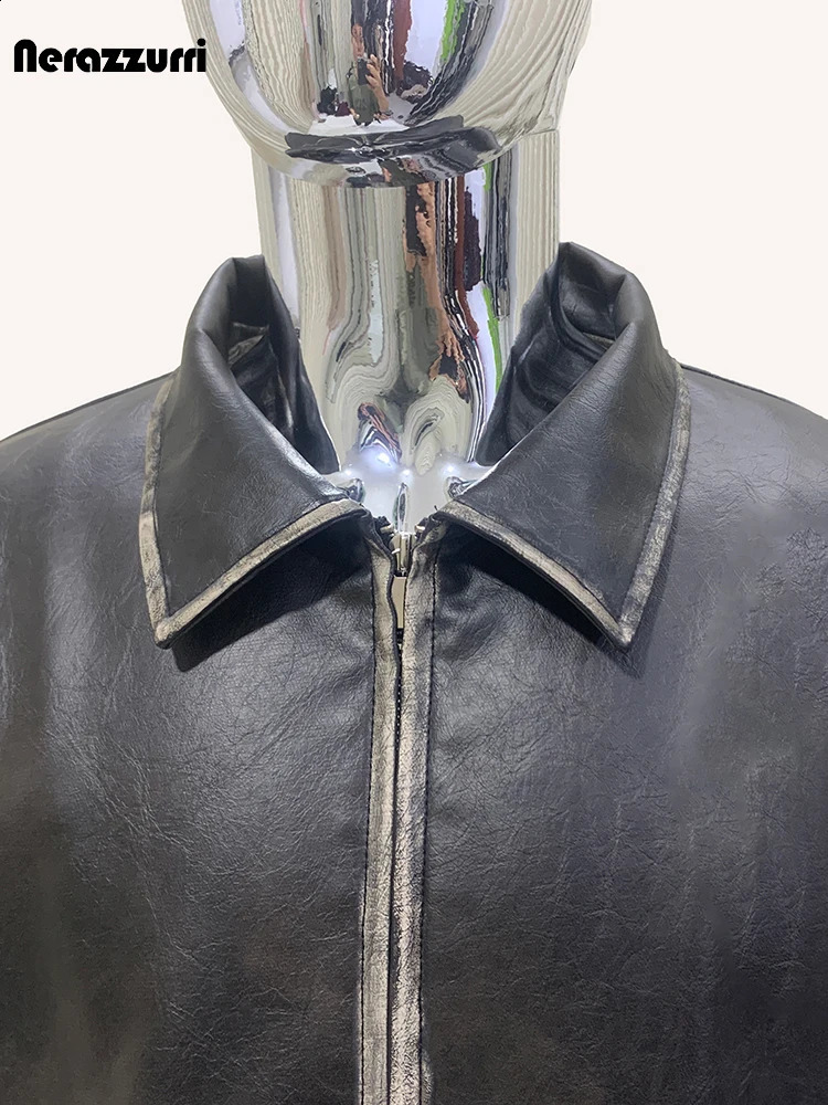 Nerazzurri Spring Autumn Washed Distressed Black Pu Leather Jacket Men Quilted Lining Turn-down Collar American Retro Clothes 240822