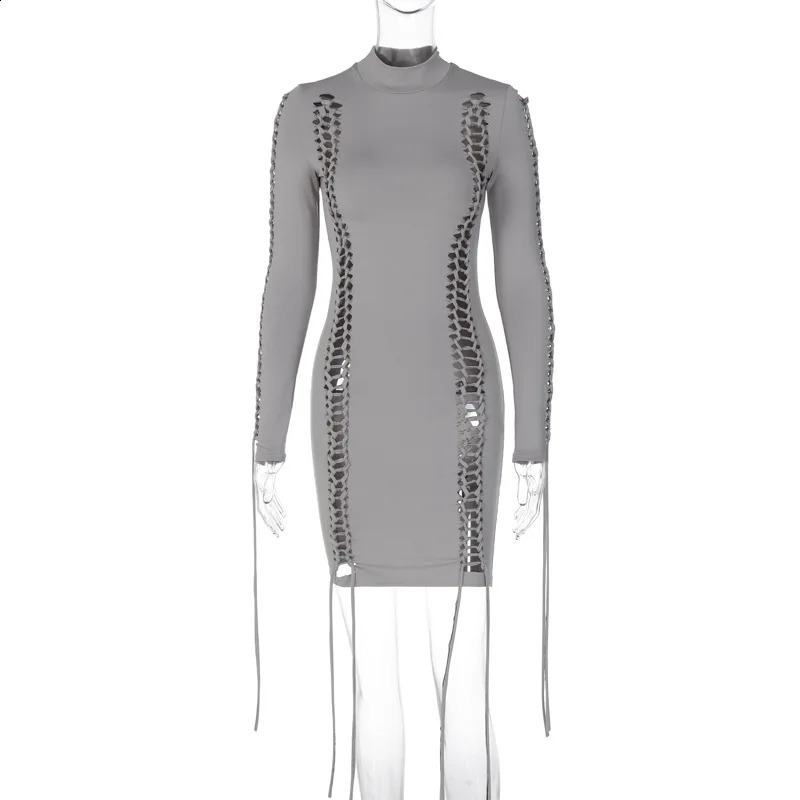 Fall Solid Long Sleeve Cut Out Hole Lace Up Sexy Bodycon Mini Dress Women Elegant Party Streetwear Clothes Y2K 240823