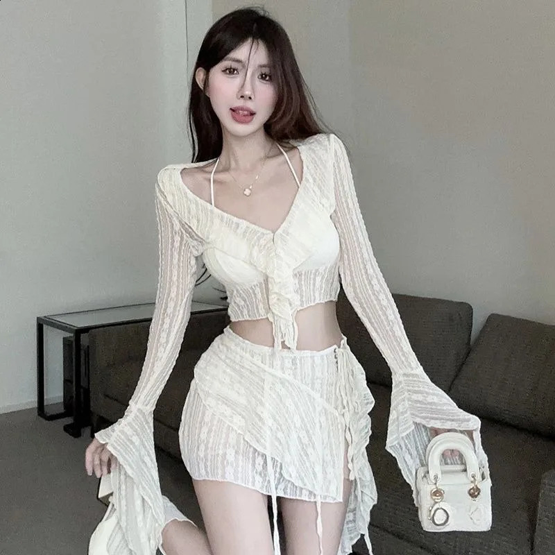 French Lace Splice Top Irregular Skirt Two-piece Set Women Lace Up Flare Sleeves Spicy Beach Vacatio Slim Summer Chic Suit 240823