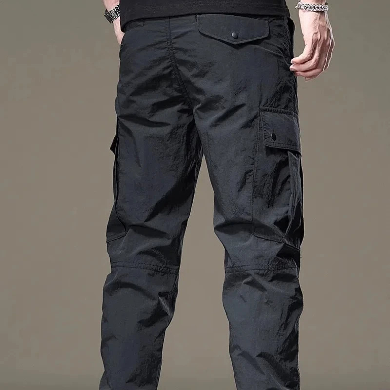 SpringSummer Solid Color Elastic Waist Brushed Mens Pocket Chaopai Bound Feet Casual Thin Cargo Pants 240823
